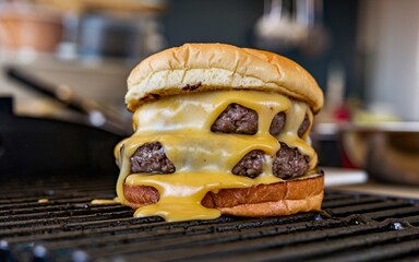 Cheese A juicy double cheeseburger with melted cheese on a grill.