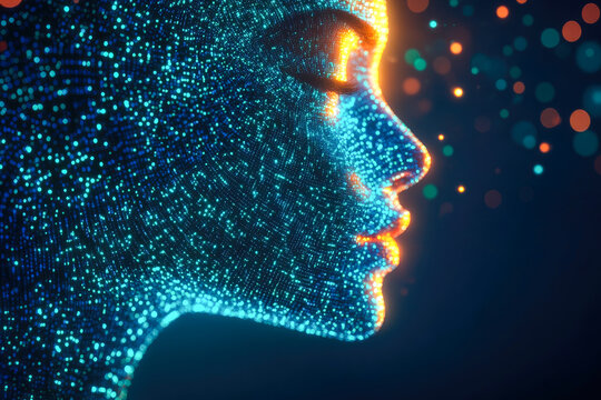 A neon silhouette of a woman's face is crafted from glowing particles, embodying futuristic concepts of digital identity and representing a blend of technology and art.