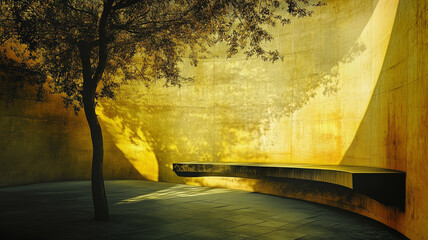 Fototapeta premium Abstract yellow empty concrete interior with grunge texture of round and curved structure