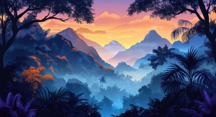 Landscape. Panoramic View of Beautiful Forested Mountain in Twilight