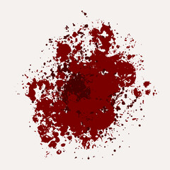 Red smear with splashes on white background, blood streaks, imprint. Realistic stain, Halloween, crime and horror design elements, textured stain.
