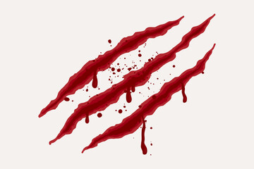 Splashes and stains, drops of blood, smudges on a white background. Traces of claws, torn edges of a wound, predator. Element for Halloween.