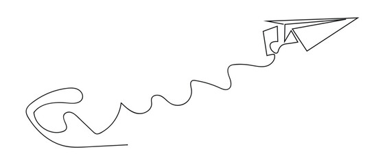 Paper plane continuous one line art style. The airplane made from paper. Isolated on white background vector illustration