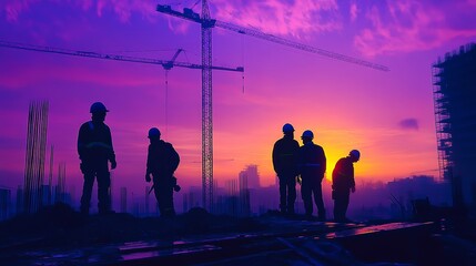 Fototapeta premium Silhouetted construction workers at sunset, creating a striking urban landscape.