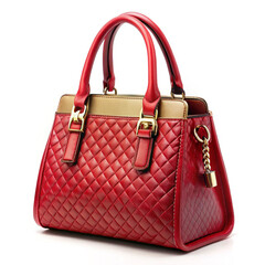 A luxurious red color handbag placed on a plain white background, emphasizing its elegant design and sophisticated appearance.
