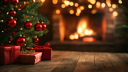 Empty table in front of christmas tree with decorations background. For product display montage
