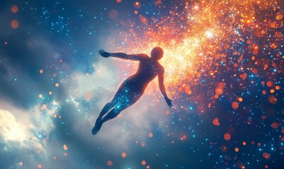 Naklejka premium Silhouette of a person falling through starry sky.