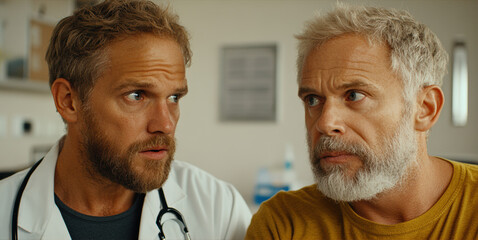 Obraz premium Two men in a serious discussion, one in a doctor's coat, the other in casual attire, AI