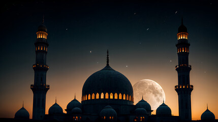 Mosque silhouette with moon on black background