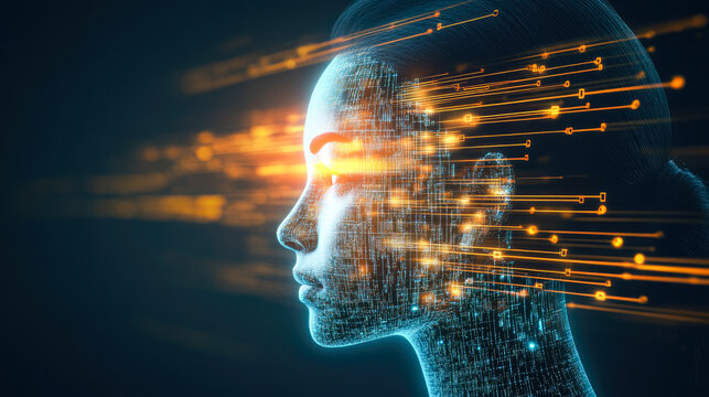 An artistic side view of a woman's profile with glowing data streams symbolizing the integration of data with human consciousness and futuristic digital design.
