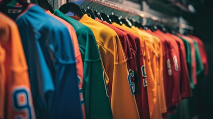 The colorful jerseys of the hockey teams hanging on hooks on the wall waiting to be worn.