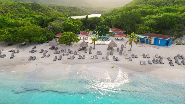 Aerial overview of tropical beach Grote Knip in Curacao, with its turquoise waters and sandy shore