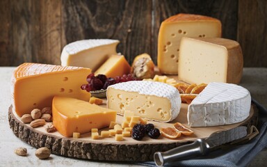 Cheese A variety of cheeses on a wooden board with dried fruit, nuts, and a cheese knife.