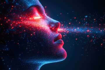 A mystical profile set against a cosmic backdrop with digital red sparkles projected gracefully, highlighting the fusion of human expression and starry aesthetics.