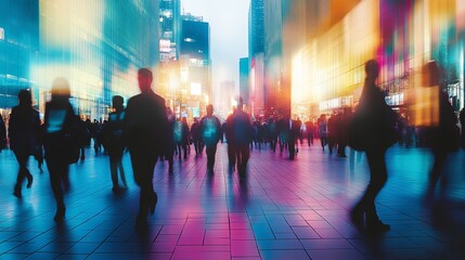 Silhouettes of diverse pedestrians in a vibrant urban setting at dusk.