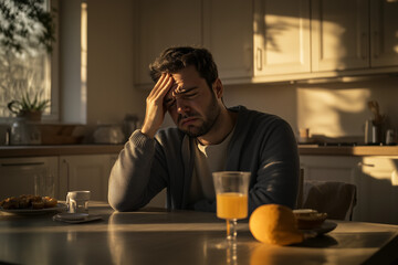 A man at a dining table holding his head, expressing stress or frustration.