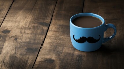 Obraz premium A blue coffee cup with a black mustache sits on a wooden table in the morning, representing Fatherhood, International Men's Day, and raising awareness for Prostate Cancer and World Cancer Day