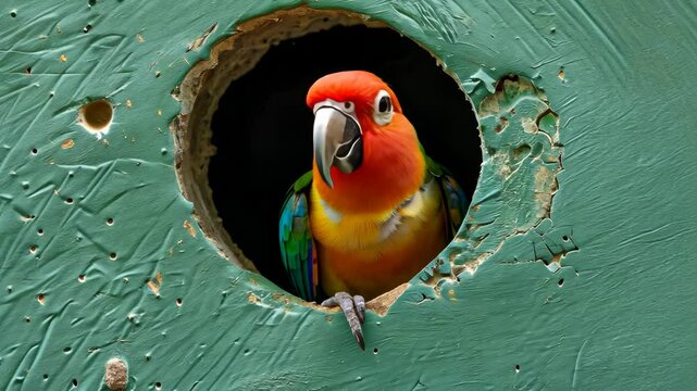 A colorful parrot peeks through a hole in a green wooden surface