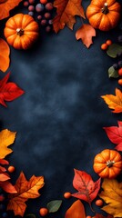 Autumn frame with colorful leaves and pumpkins on dark background, flat lay, top view, vertical banner with copy space. Fall leaf and vegetables border. Concept of Thanksgiving, Harvest Day, Halloween