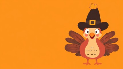 Adorable cartoon turkey pilgrim with a festive hat on a vibrant orange gradient background, perfect...