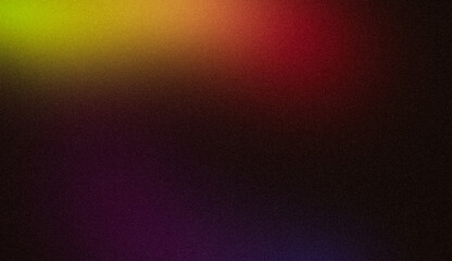 Dark color spot grainy backdrop design. Abstract magenta orange green black color spots on dark noisy glowing gradient. Color wave shaped. cover, header, banner, poster