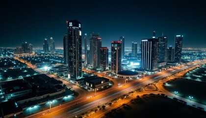 Obraz premium Vibrant cityscape at night illuminated by bright lights and bustling streets