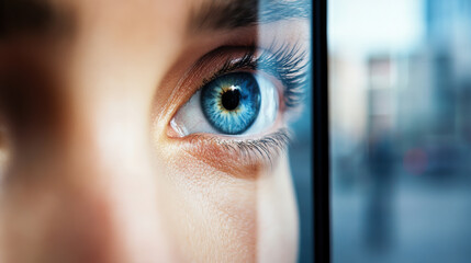 Close-up of a blue eye reflecting curiosity and focus, AI