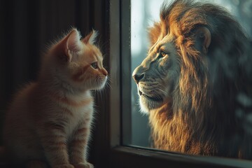 Akitten gazing at its reflection in a mirror, where it sees a lion. Symbolizing inner strength, self-confidence, and potential. Perfect for themes of self-reflection, empowerment, and transformation.