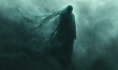 Silhouetted figure in swirling mist.