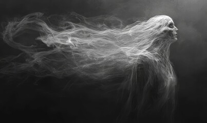 White ghostly figure in dark space.