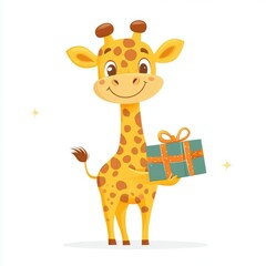 Fototapeta premium Cute giraffe holding a gift box isolated over white background.