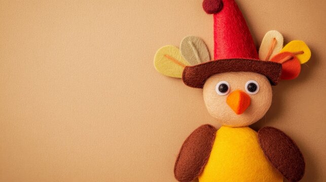 Brightly colored orange, brown, yellow felt turkey wearing a pilgrim hat set against a tan background, ideal for Thanksgiving decorations, offering ample space for personalized messages or greetings