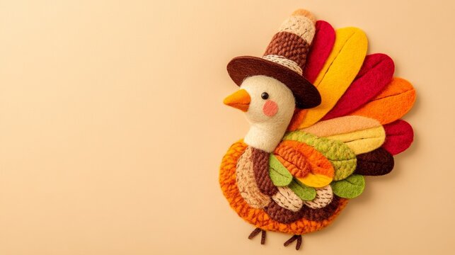Brightly colored orange, brown, yellow felt turkey wearing a pilgrim hat set against a tan background, ideal for Thanksgiving decorations, offering ample space for personalized messages or greetings