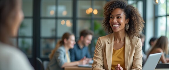 A cheerful woman smiling during a casual business meeting in a bright and cozy cafe, engaging in conversation with colleagues.