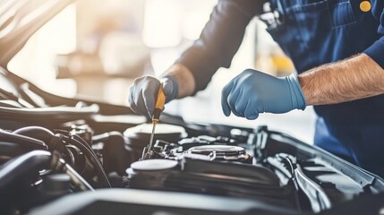 A skilled mechanic performing detailed repair on a car engine, its components in a specialized service center, highlighting importance of vehicle maintenance professional expertise in automotive care