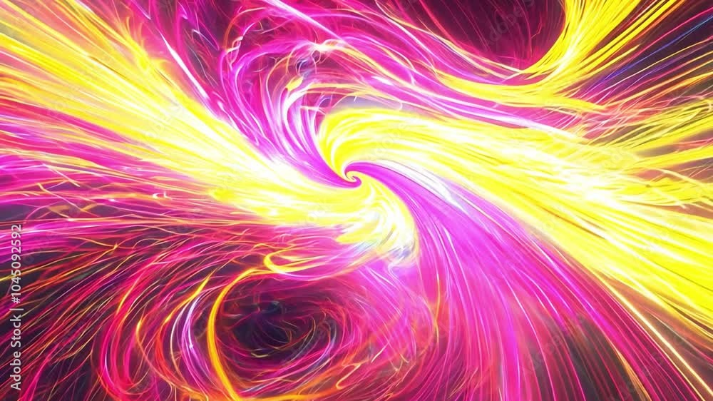 Poster vibrant abstract swirl of pink and yellow patterns creating dynamic movement and energy in a dark ba