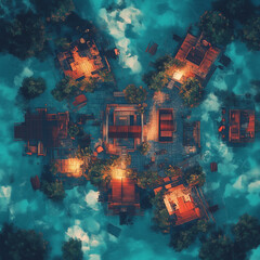 Aerial Digital Battle map of Villa in Floating Flotilla - Fantasy Village Surrounded by Water