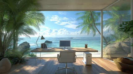 Home office overlooking tropical beach with glass walls and lush surroundings