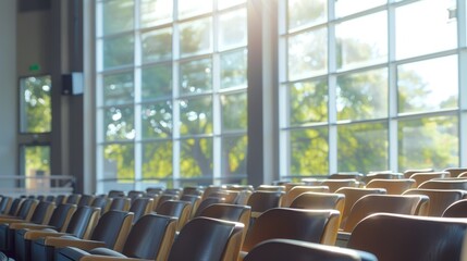 Large windows on one side of the theatre provide natural light creating a bright and airy atmosphere.