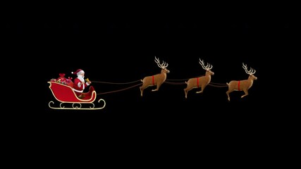 Santa Claus with Gifts and Jingle Bells Riding Reindeer Sleigh on Sky Transparent Background Loop - 3 Reindeers - Powered by Adobe