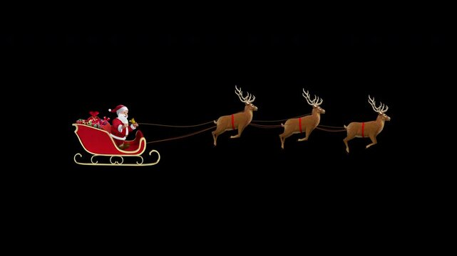 Santa Claus with Gifts and Jingle Bells Riding Reindeer Sleigh on Sky Transparent Background Loop - 3 Reindeers