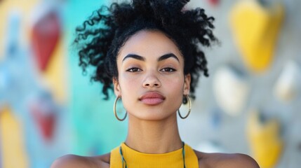 A confident woman stands poised at an indoor climbing gym, ready for an exciting ascent on the climbing wall