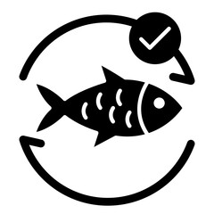Obraz premium Vector icon of sustainable seafood with a fish and check mark. Flat Black design featuring a fish enclosed in a circular arrow, representing sustainability in the seafood industry. Ideal for eco-frien