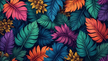 A bright and colorful pattern of abstract leaves in various shades of blue, purple, green, and orange, creating a vibrant design.