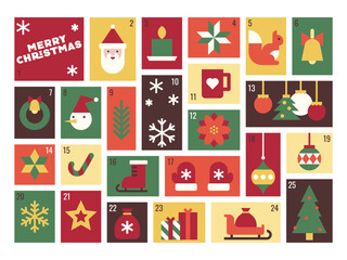 Vibrant Advent Calendar with Christmas Icons and Festive Elements