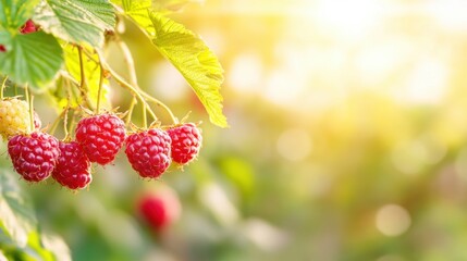 Fresh, plump raspberries are ready for harvest, soaking up warm sunlight in a vibrant garden...