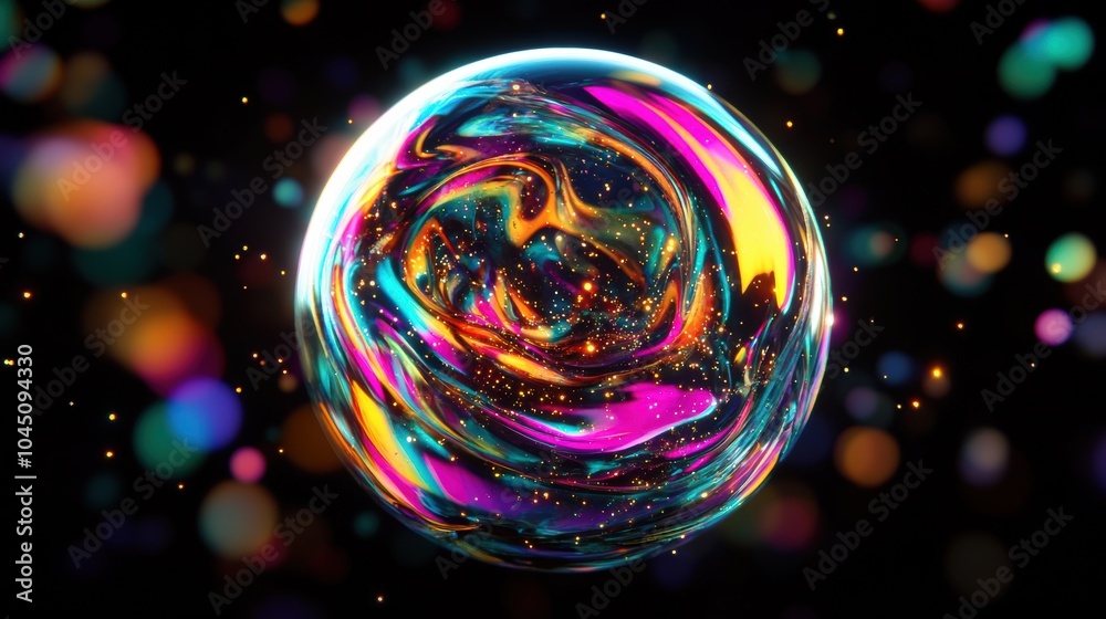 Poster a mesmerizing multicolored abstract bubble with swirling colors and glowing particles, set against a