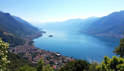 Obraz premium Tranquil lakeside town nestled in the mountains