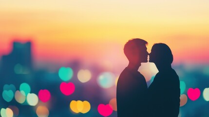 A couple shares a tender moment, silhouetted against a vibrant twilight sky filled with heart-shaped bokeh lights