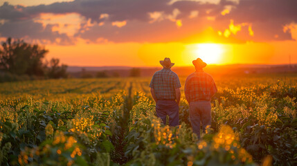 Fototapeta premium Two farmers are walking in a soybean field at sunset, admiring their crops